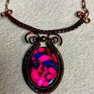 Natural Kingman Pink Dahlia Turquoise Copper Gift Wire Wrapped Adjustable 18.0"